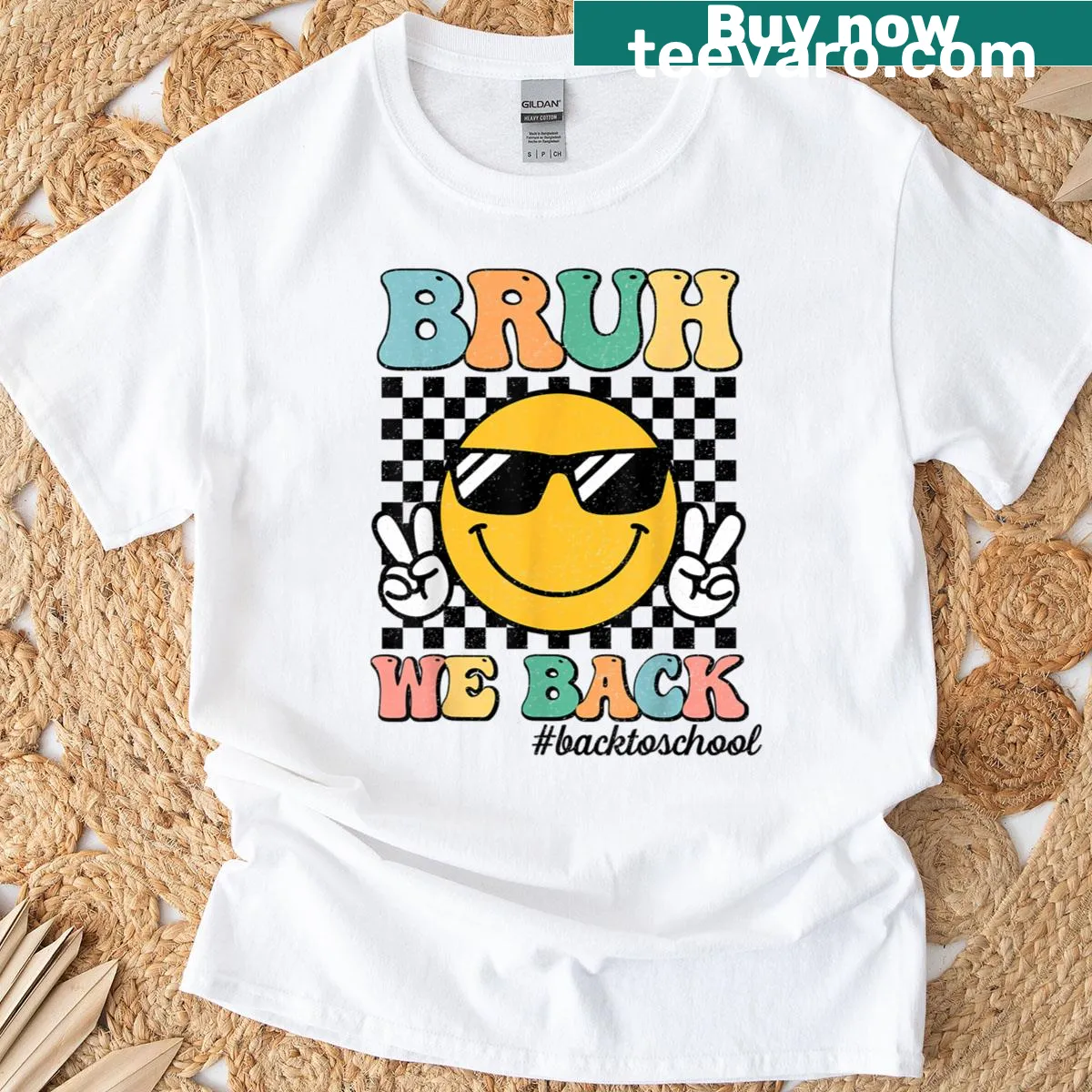 Retro graphic t-shirt with 'Bruh We Back' text for students — on a men's t-shirt