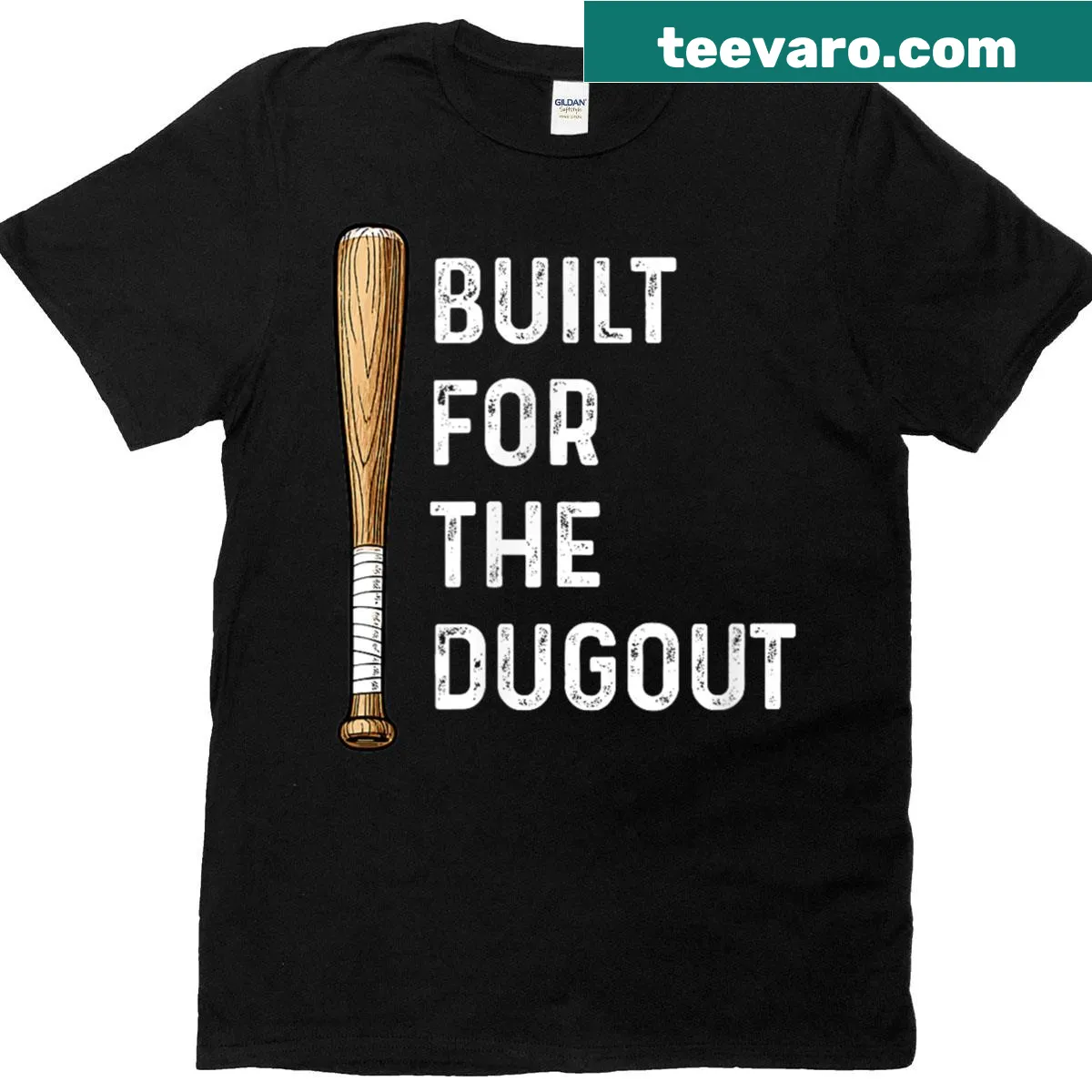 Baseball t-shirt with illustration of a bat and 'Built For The Dugout' text — on a men's t-shirt