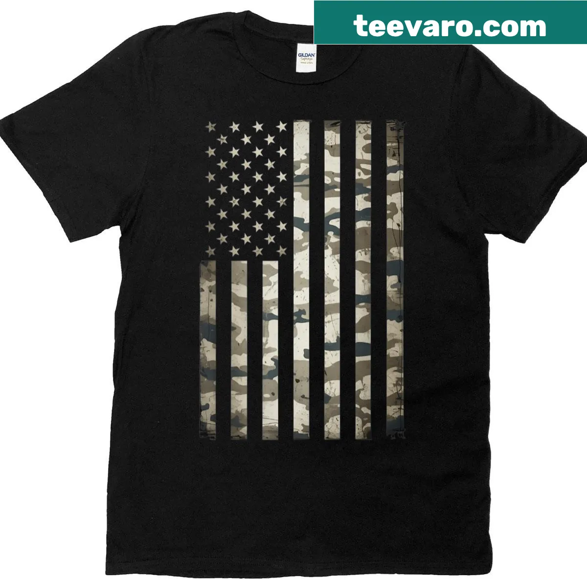 Patriotic t-shirt with camouflage American flag design — on a men's t-shirt