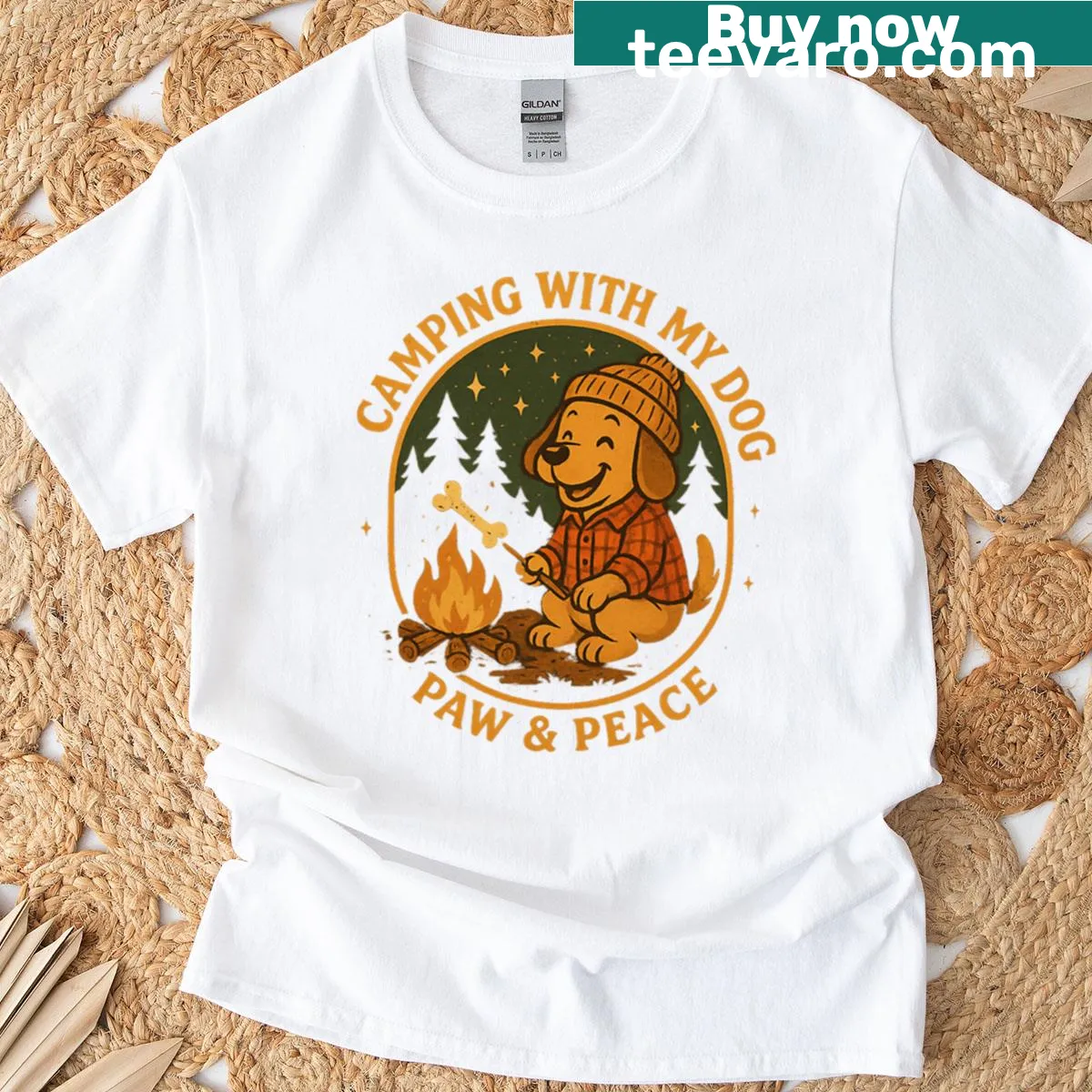 Illustration of a dog camping under a starry night — on a men's t-shirt
