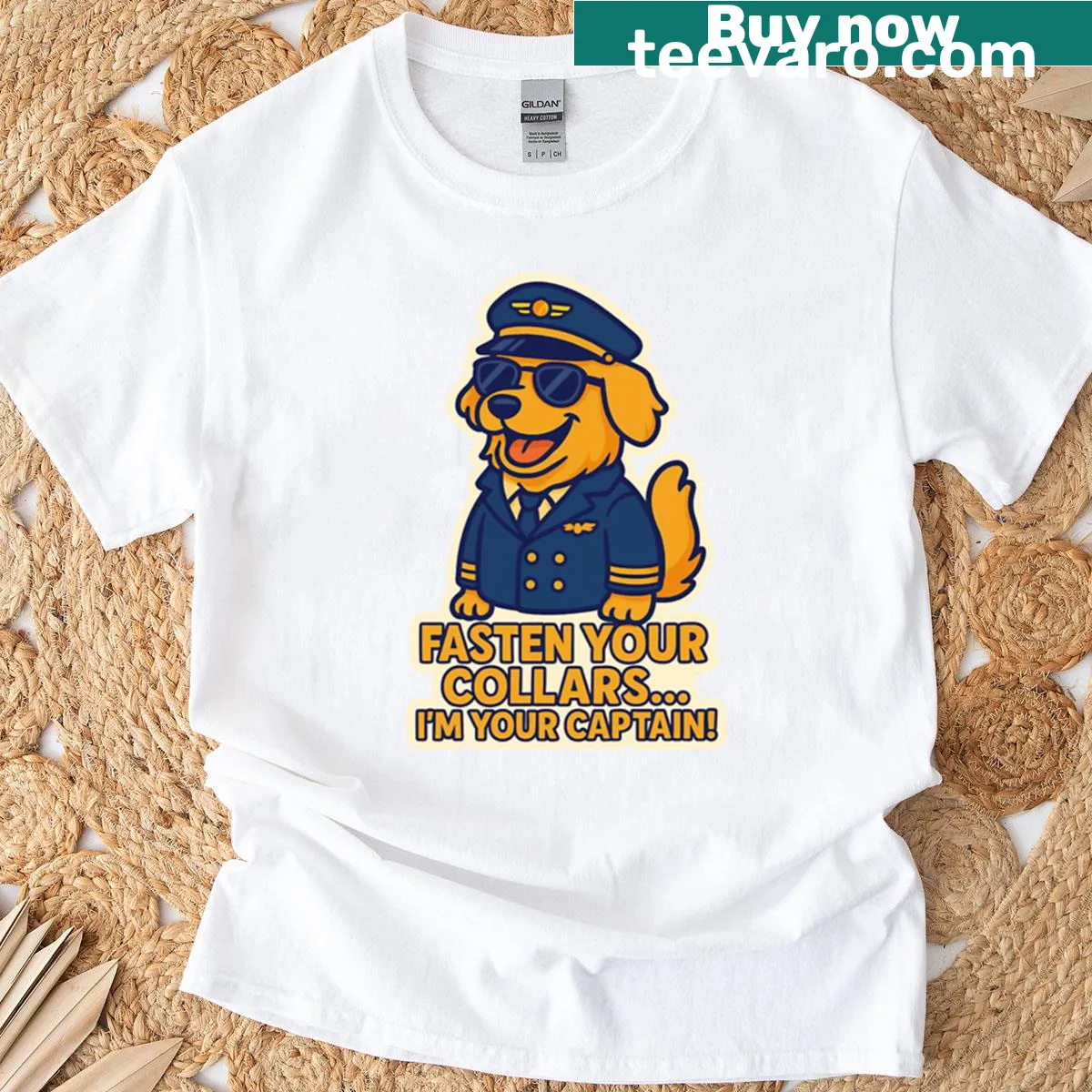 Funny pilot dog design t-shirt with 'Captain Pup On Duty' — on a men's t-shirt