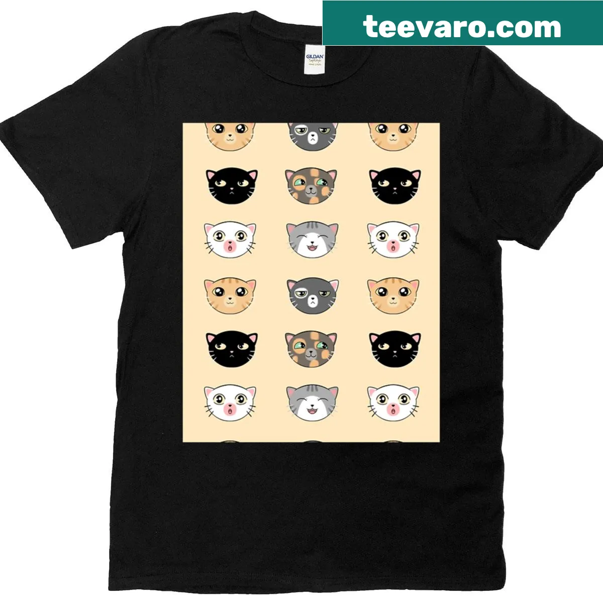 Graphic T-shirt with playful illustrations of cats in various poses — on a men's t-shirt