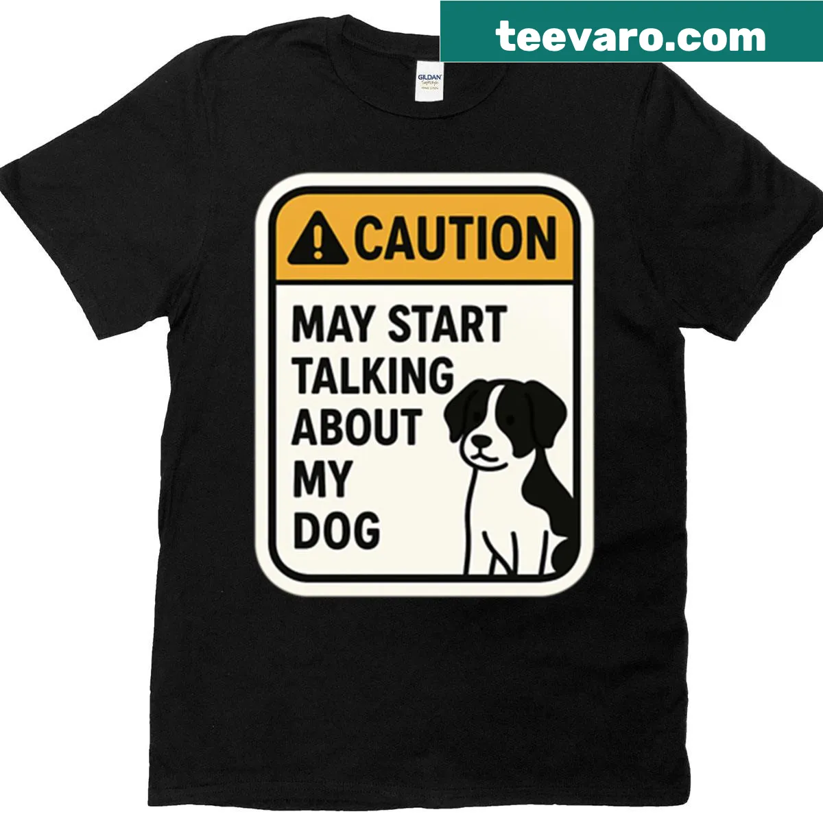 Funny oversized t-shirt declaring dog talk caution — on a men's t-shirt