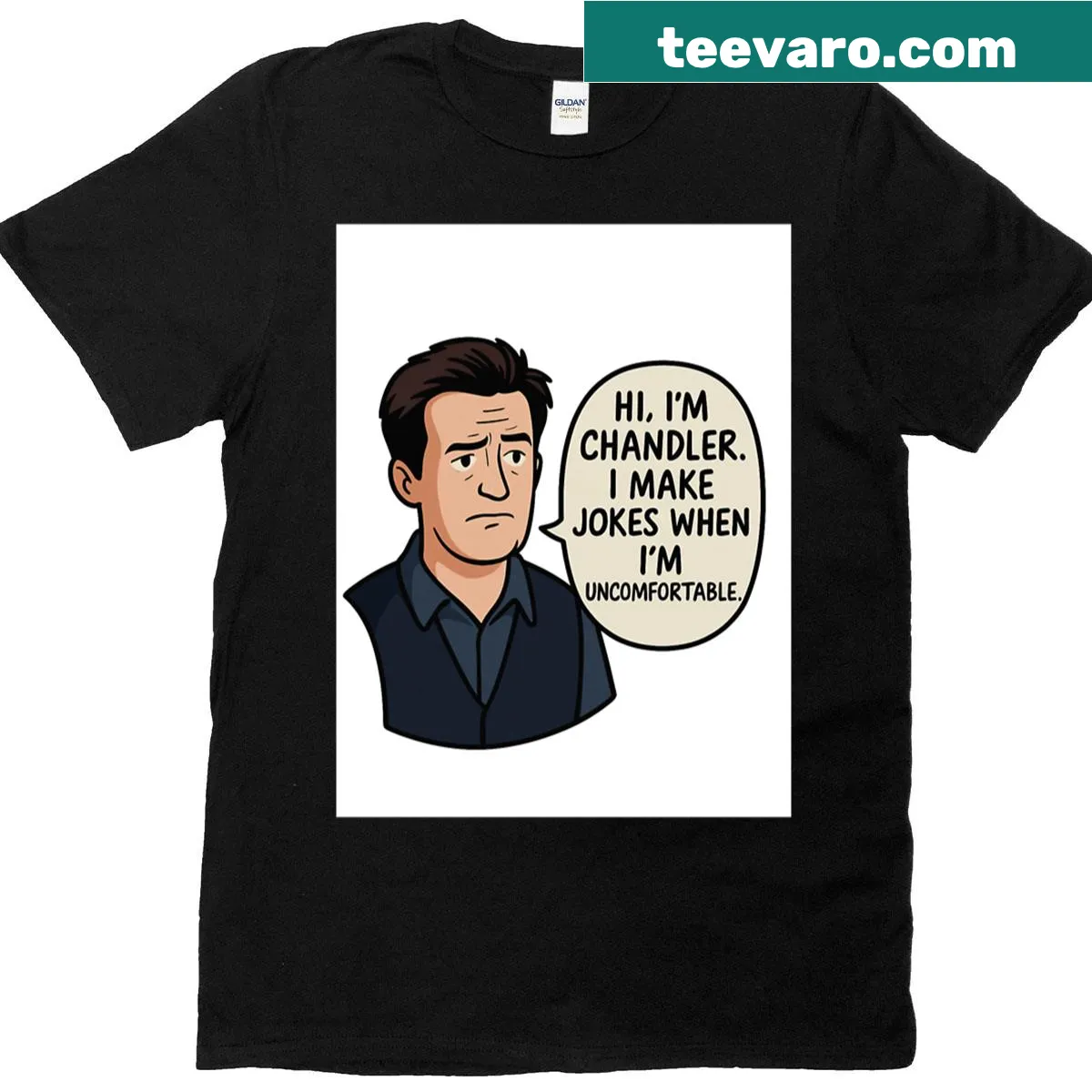 Cartoon T-shirt featuring a funny Chandler Bing quote — on a men's t-shirt