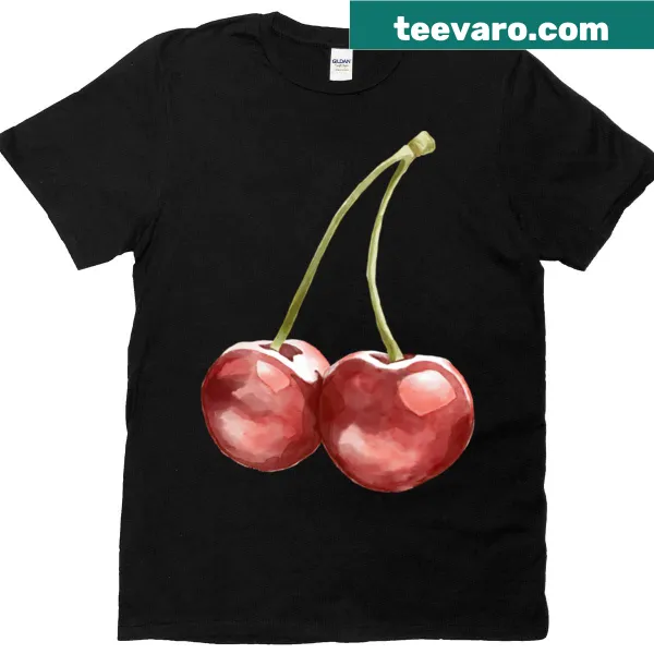 Watercolor illustration of two cherries on a t-shirt