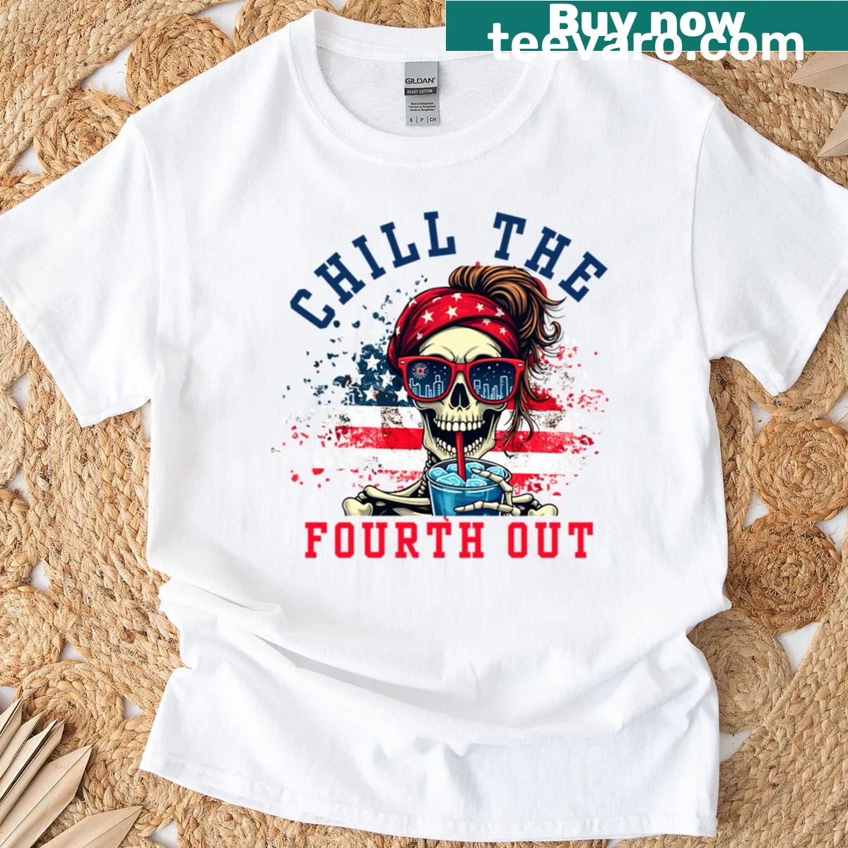 Funny skeleton graphic for 4th of July party t-shirt — on a men's t-shirt