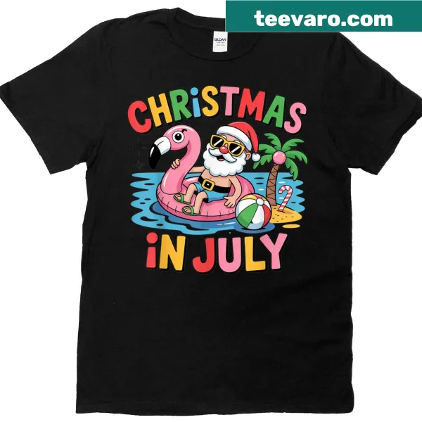 Santa and flamingo design on kids' Christmas in July T-shirt