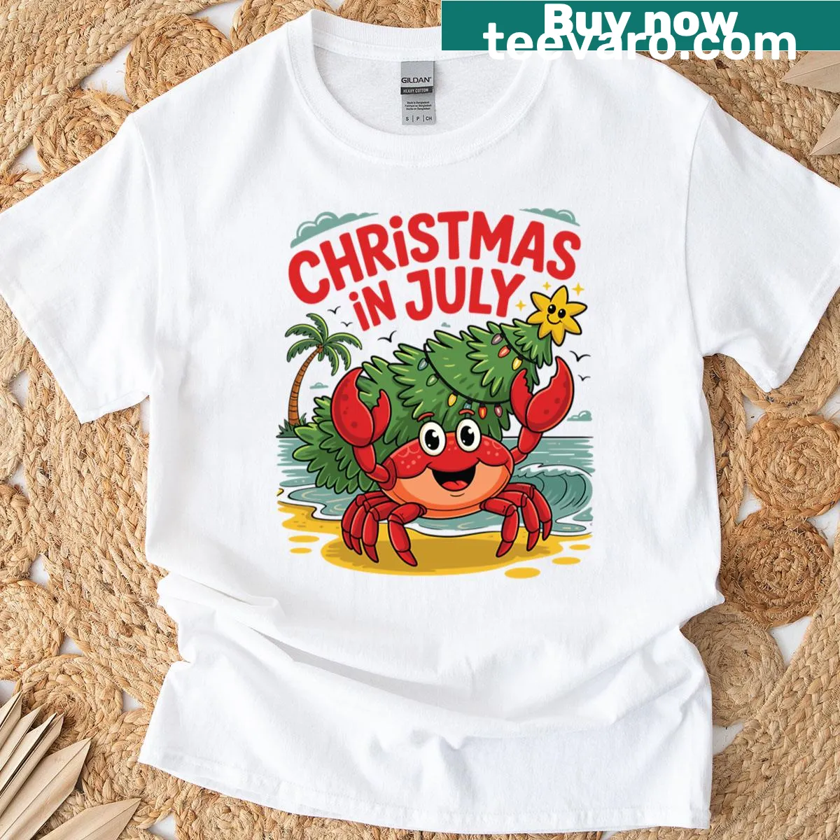 Hermit crab design for a summery Christmas-themed T-shirt — on a men's t-shirt