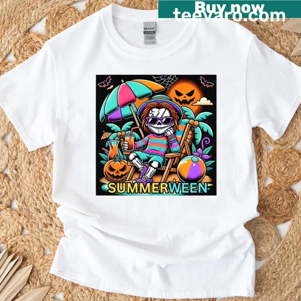 Chucky graphic on a nostalgic summer-themed t-shirt