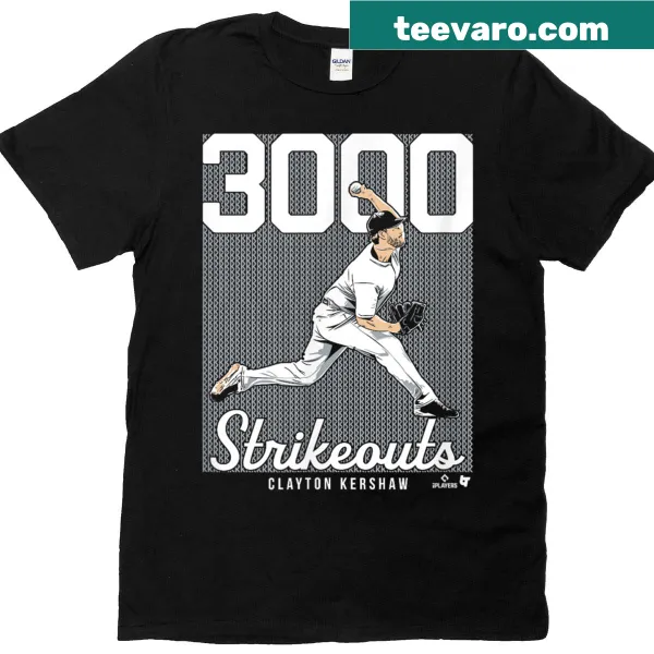 Clayton Kershaw's 3000 strikeouts graphic t-shirt for baseball fans