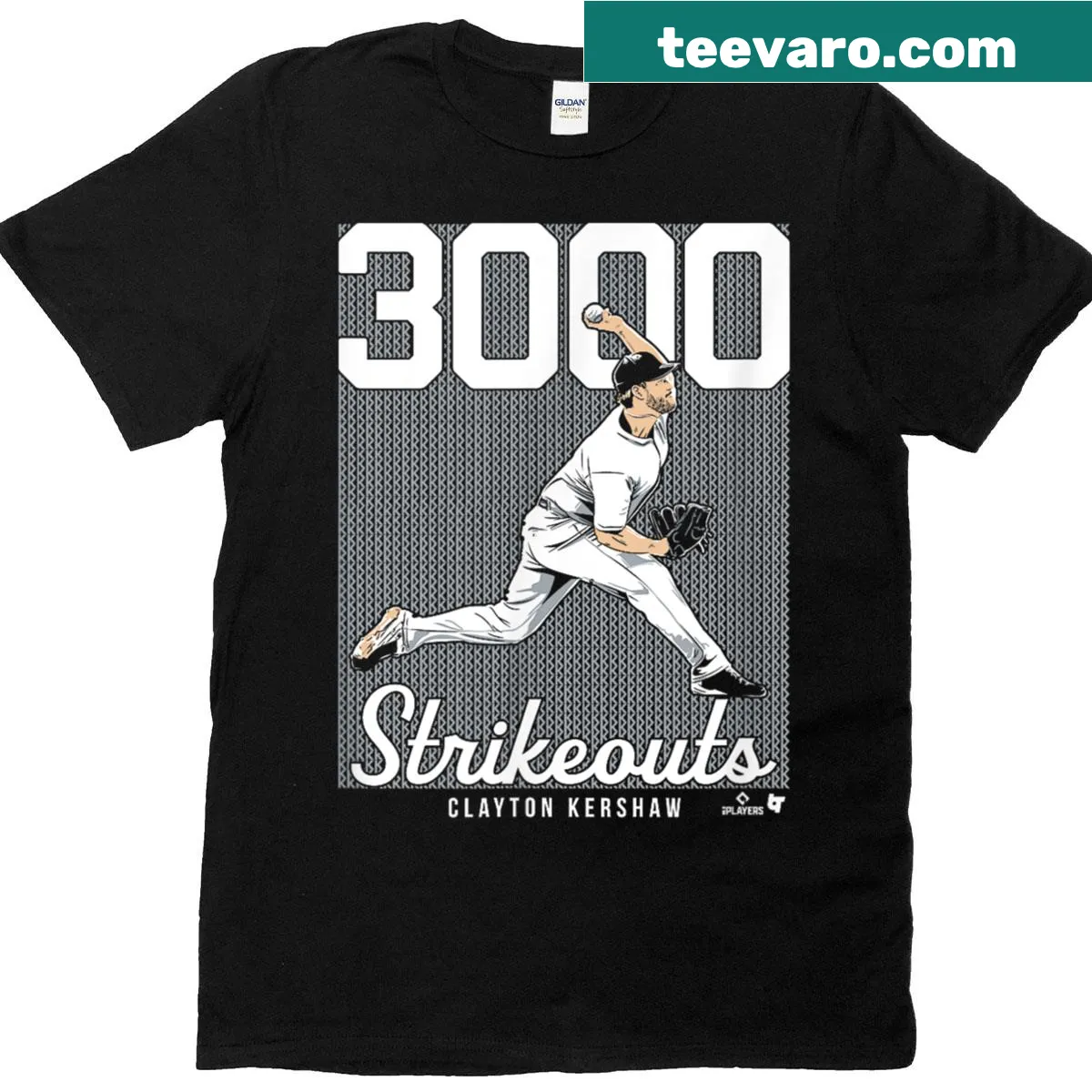 Clayton Kershaw's 3000 strikeouts graphic t-shirt for baseball fans — on a men's t-shirt