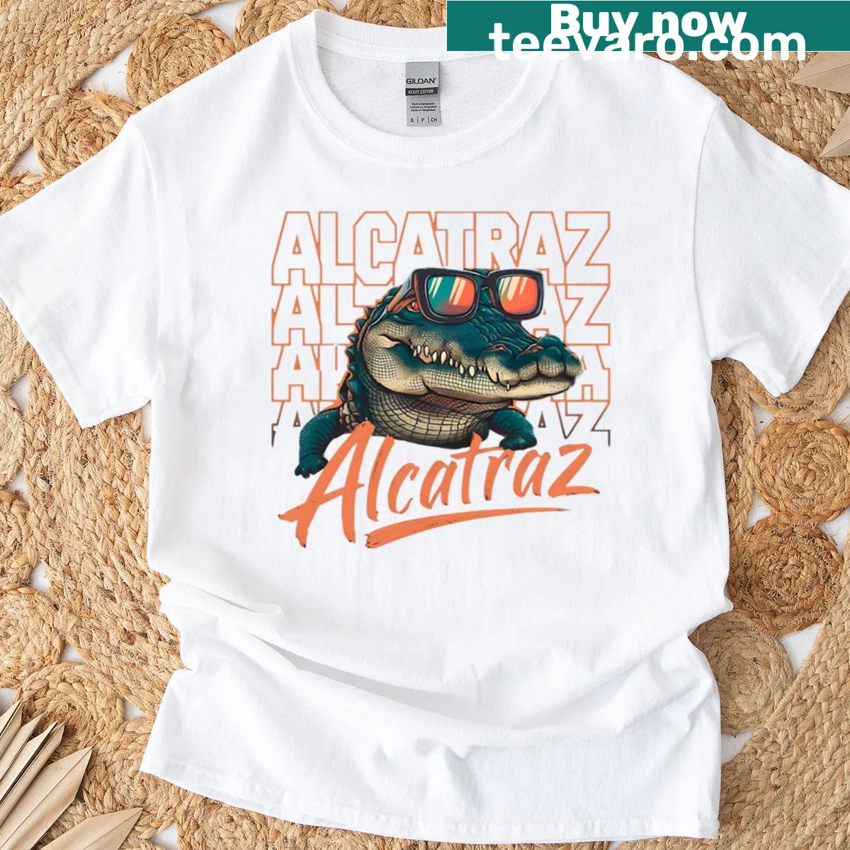 Cartoon t-shirt featuring an alligator styled as a prisoner — on a men's t-shirt