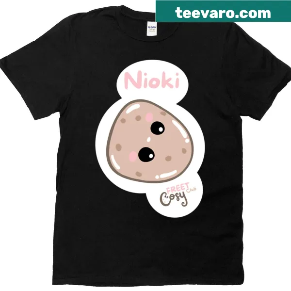 T-shirt featuring the word Nioki in a playful design