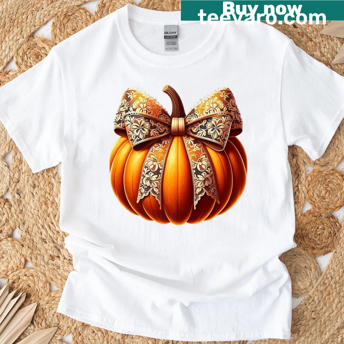 Whimsical pumpkin and bow design for autumn Thanksgiving T-shirt — on a men's t-shirt