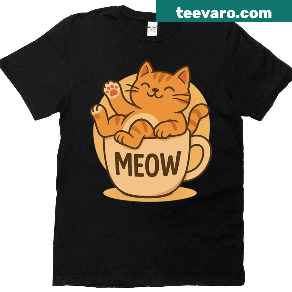 Adorable cat curled in a coffee mug illustration on a t-shirt — on a men's t-shirt