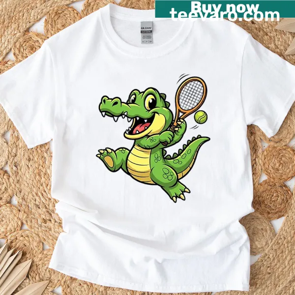 Crocodile playing tennis graphic on a humorous t-shirt
