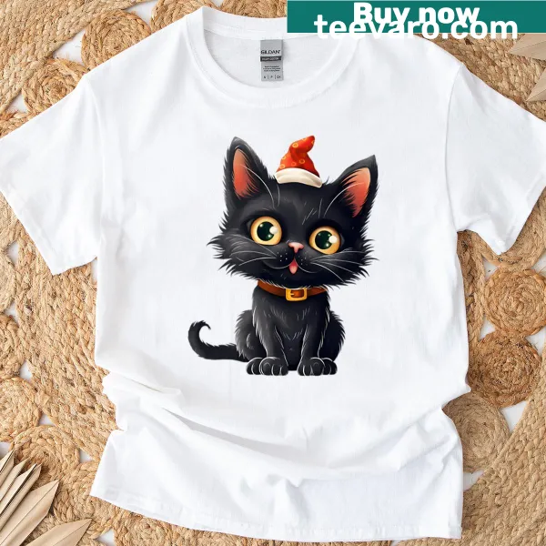 Funny Christmas T-shirt featuring a cute black cat design