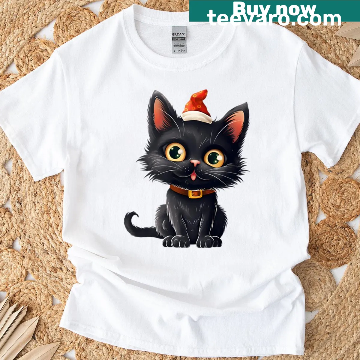 Funny Christmas T-shirt featuring a cute black cat design — on a men's t-shirt
