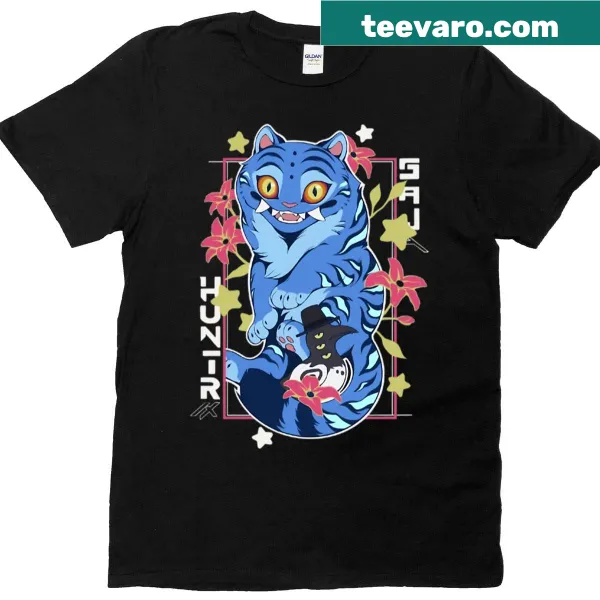 Whimsical cat T-shirt with birds and demons design.