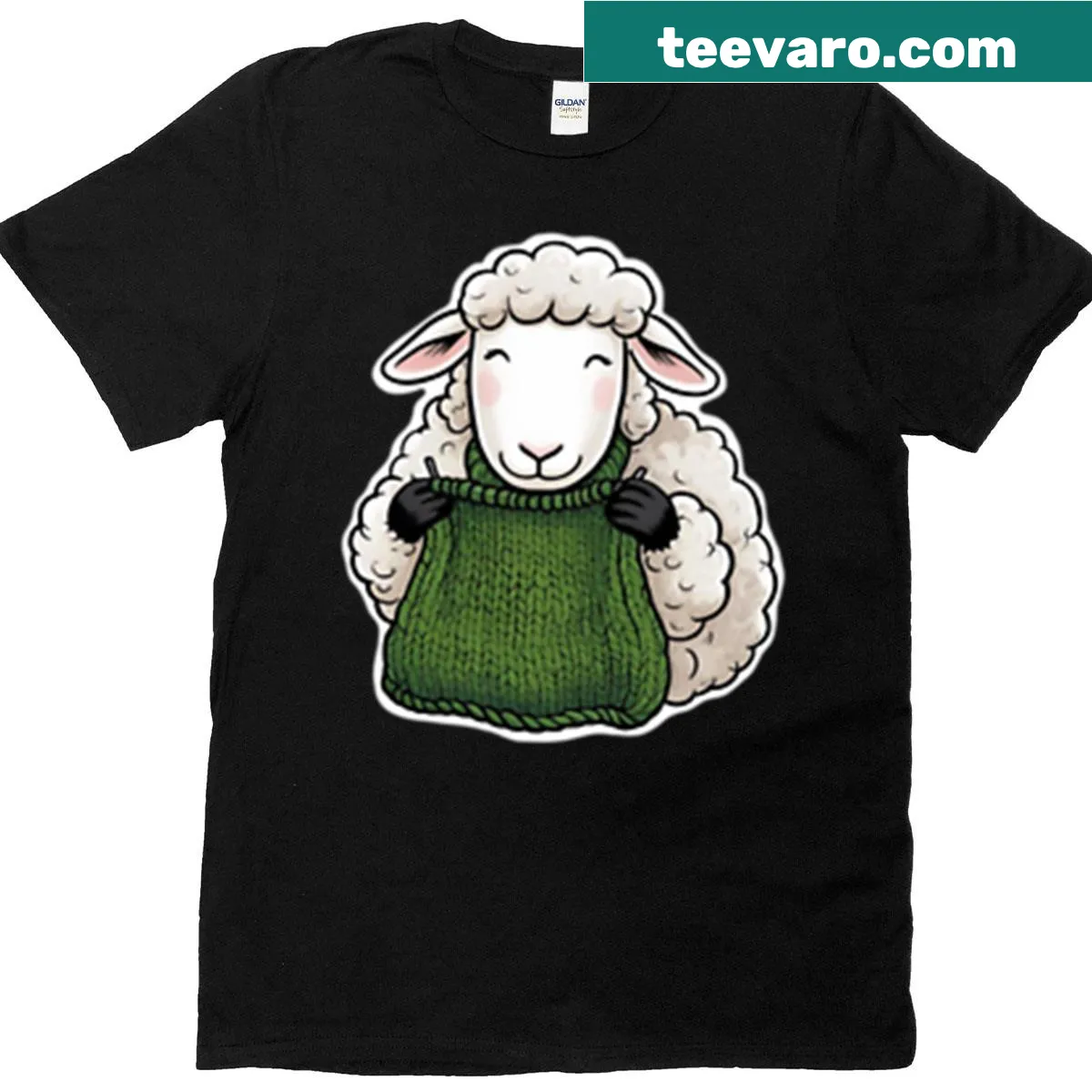 T-shirt with a cute sheep illustration and knitting theme — on a men's t-shirt