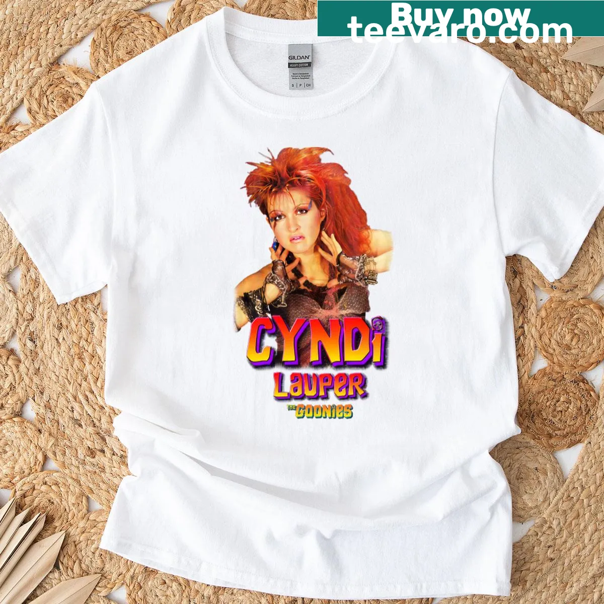Vintage-style T-shirt featuring a tribute to Cyndi Lauper and The Goonies — on a men's t-shirt
