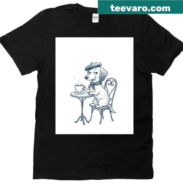 Dachshund graphic enjoying coffee in Paris on a T-shirt