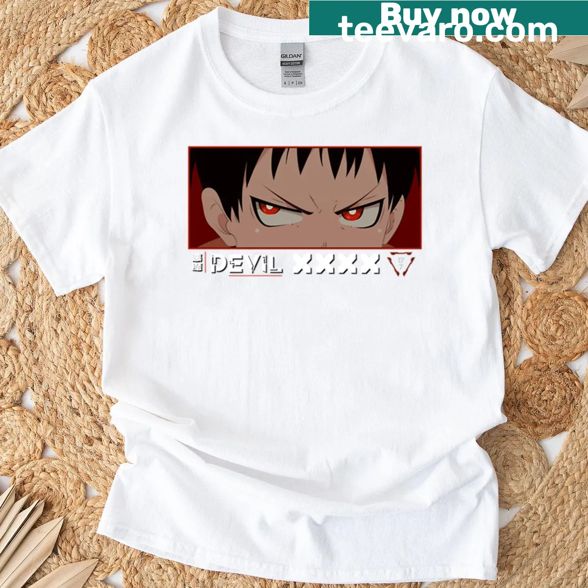 Oversized anime t-shirt featuring striking illustration of devil eyes — on a men's t-shirt
