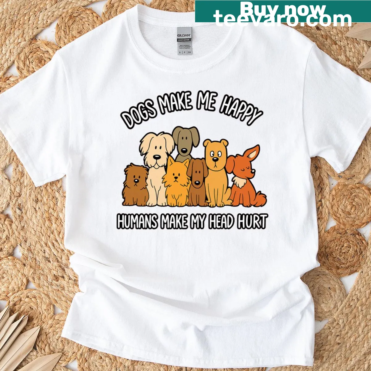 Funny Dogs Make Me Happy t-shirt with playful quote — on a men's t-shirt