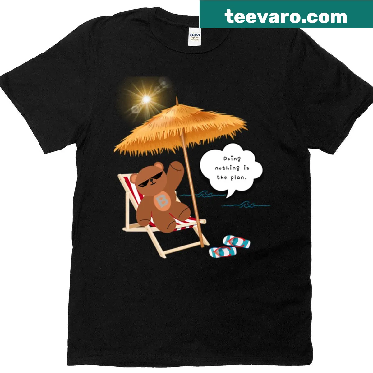 Chill beach bear lounging graphic on a relaxed t-shirt — on a men's t-shirt
