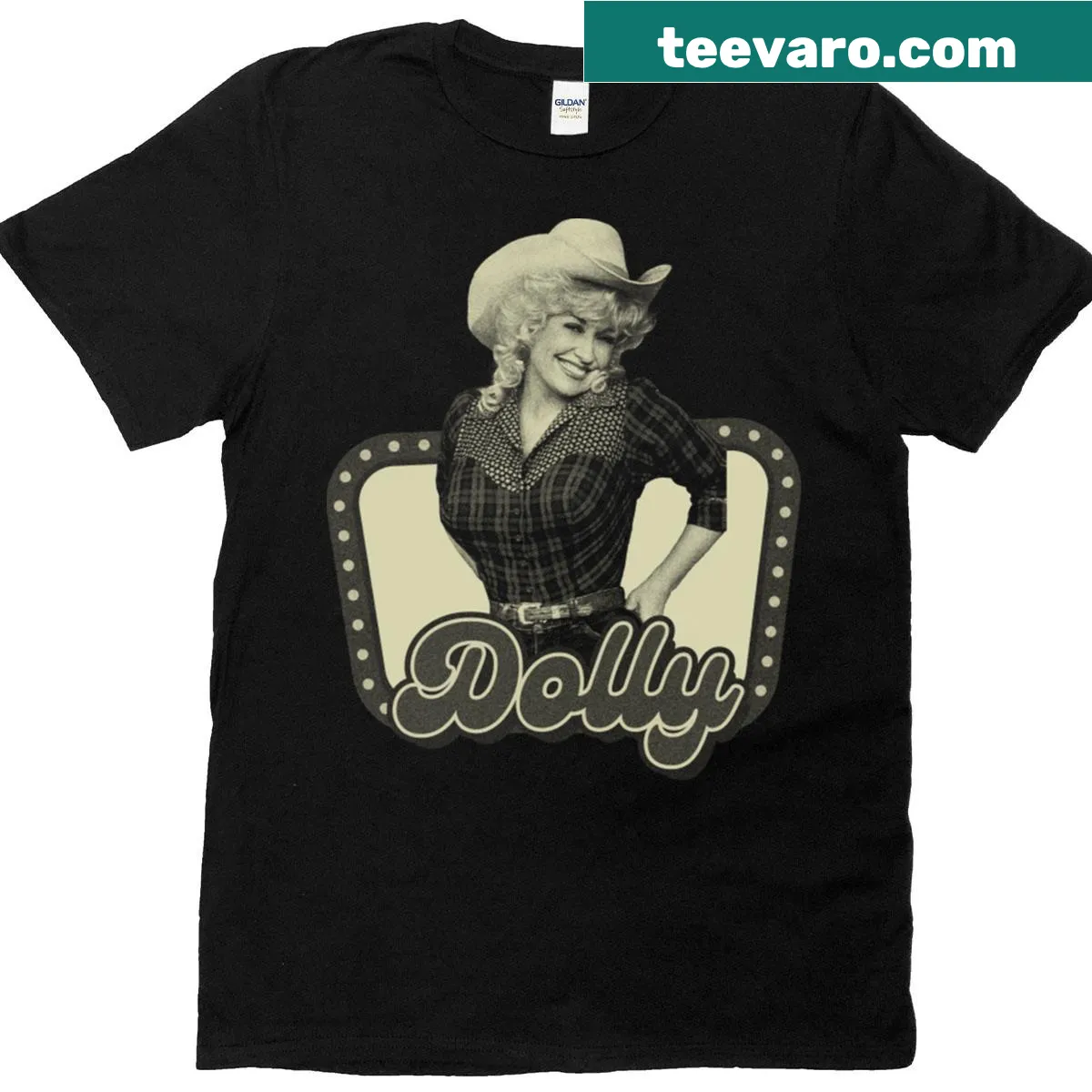 T-shirt with the name 'Dolly Parton' prominently displayed — on a men's t-shirt