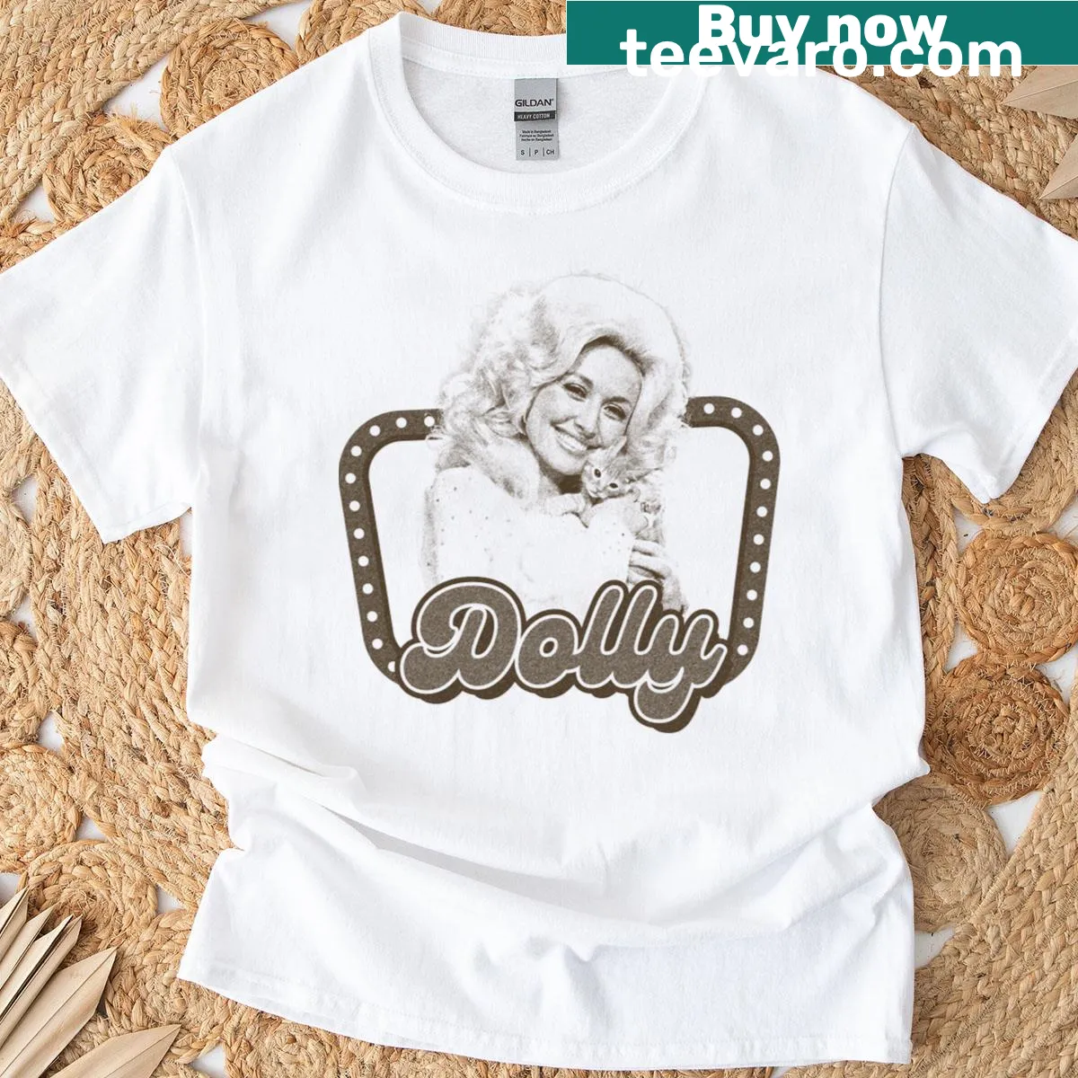 Retro collage design celebrating Dolly Parton on a t-shirt — on a men's t-shirt