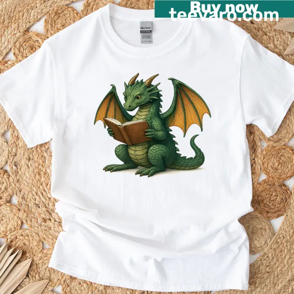 Illustration of a dragon reading a book on a t-shirt