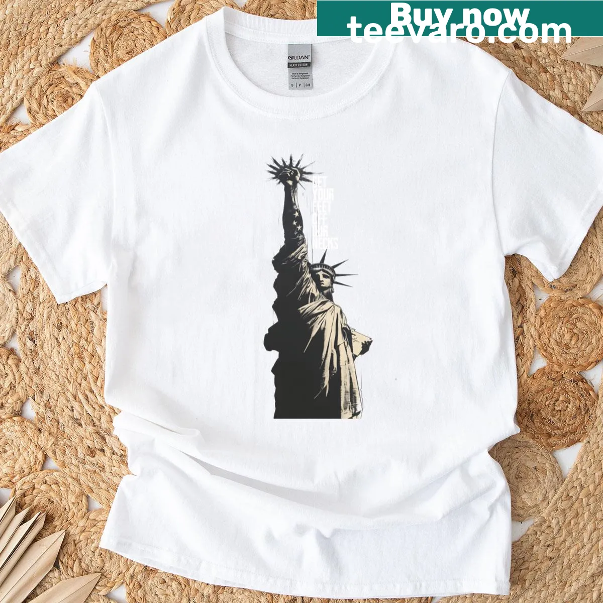 Graphic t-shirt with the phrase 'Get Your Feet Off Our Necks' prominently displayed. — on a men's t-shirt