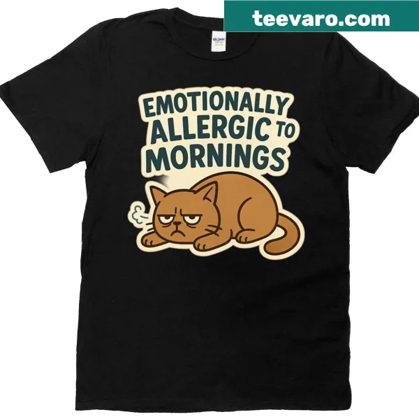 Funny grumpy cat design with the phrase 'Emotionally Allergic To Mornings' on T-shirt