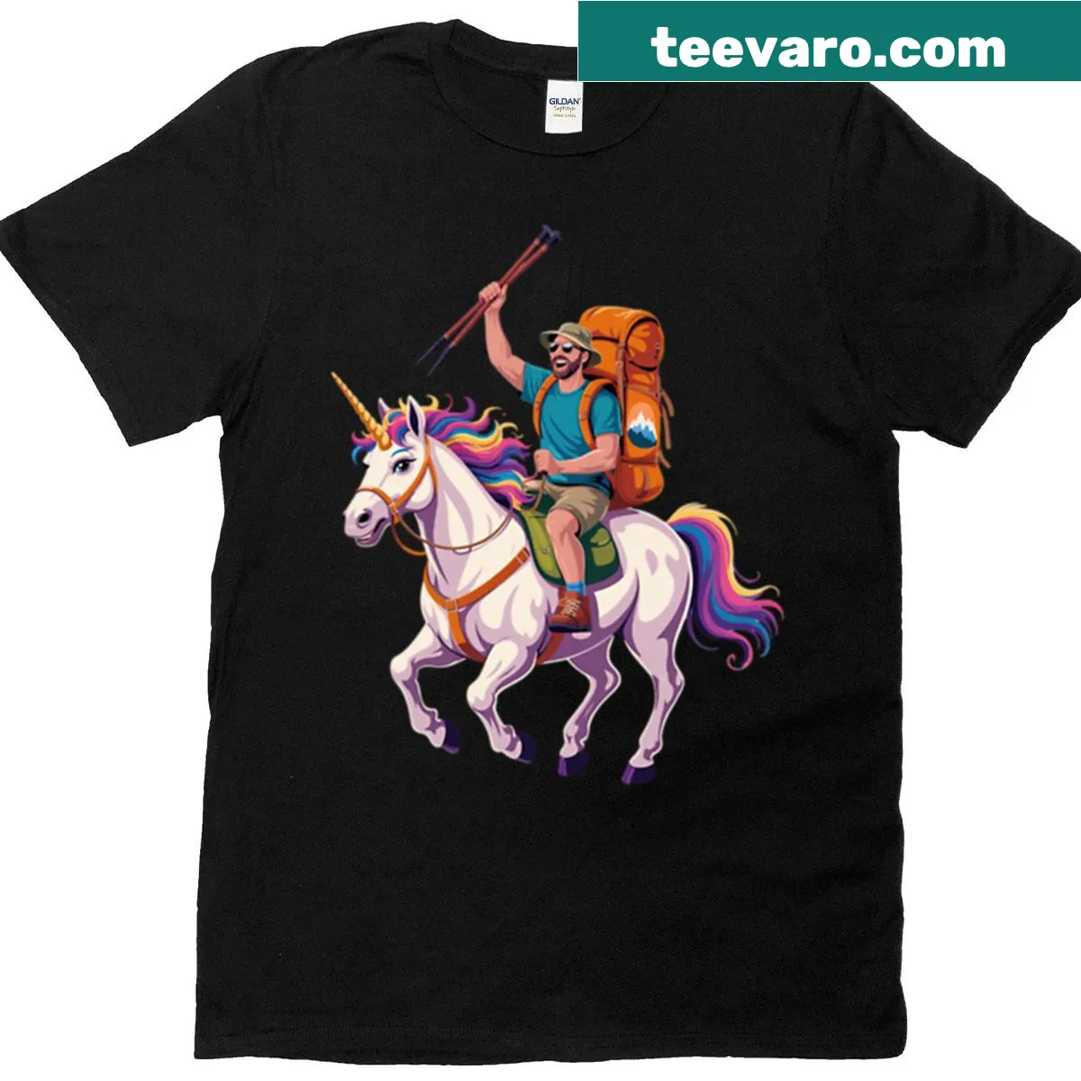 Illustration of a hiker riding a unicorn on an adventure T-shirt — on a men's t-shirt