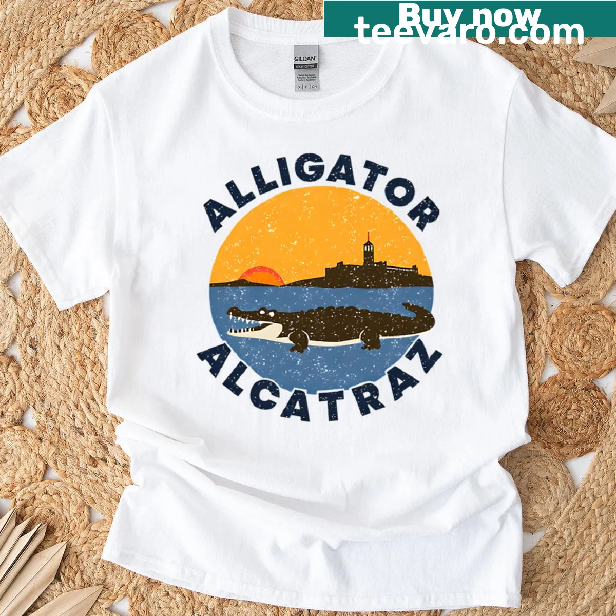 Vintage gator graphic T-shirt inspired by escape stories — on a men's t-shirt