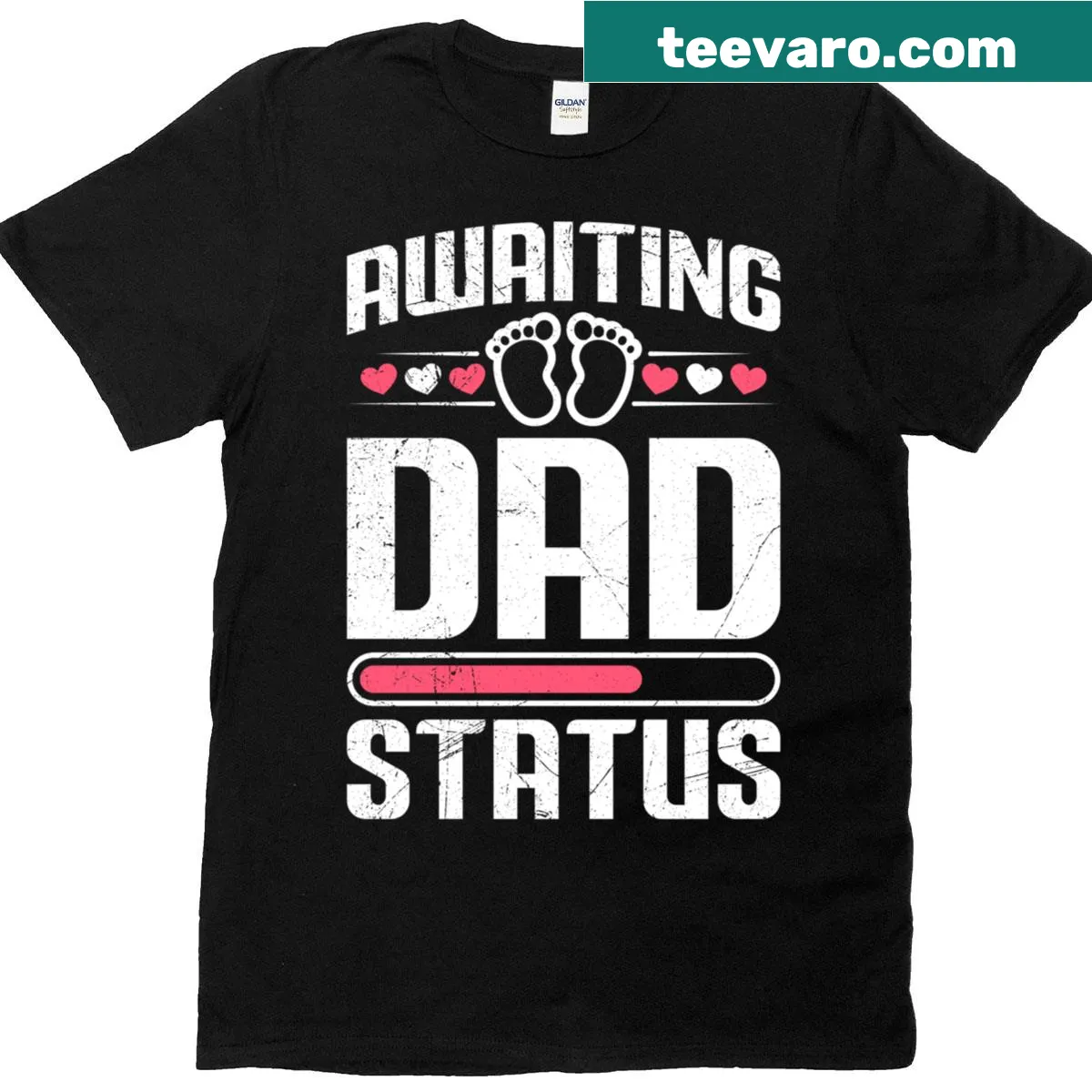 Expectant father t-shirt with 'Awaiting Dad Status' text — on a men's t-shirt