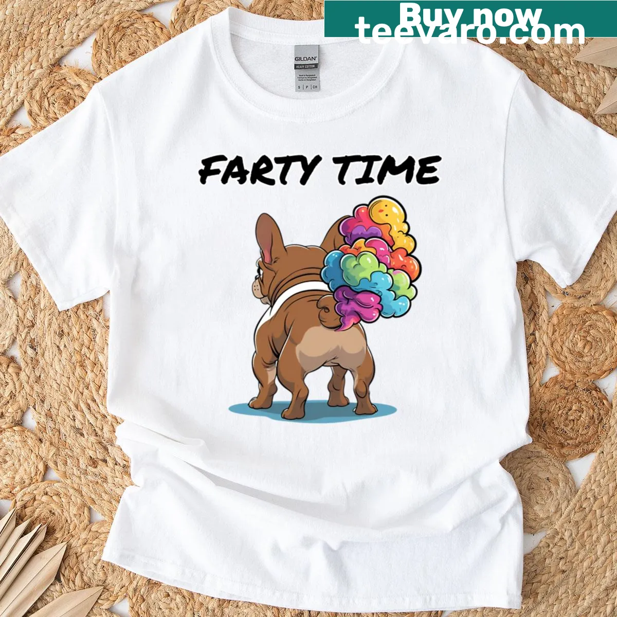 Funny T-shirt featuring a cartoon bulldog and fart joke — on a men's t-shirt