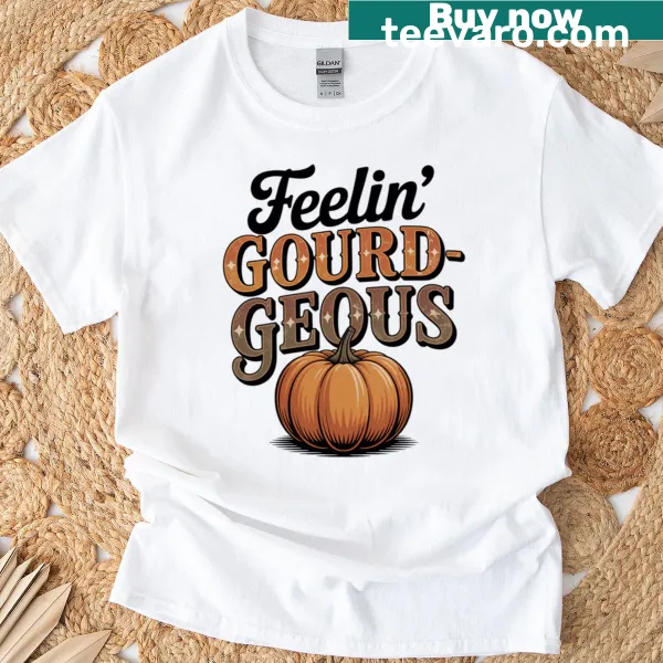 Funny T-shirt featuring a cartoon pumpkin with gourd-geous text.