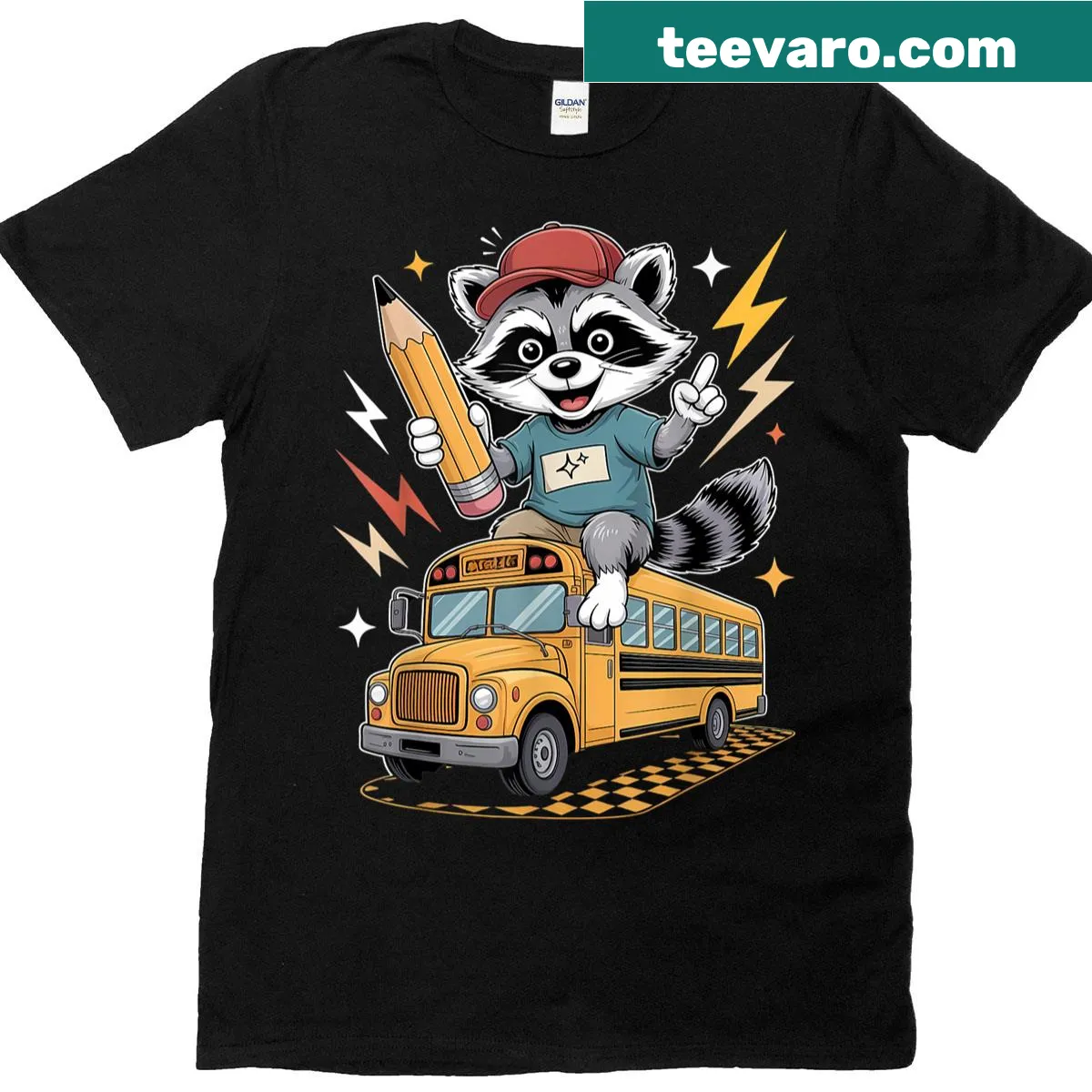 Funny t-shirt with a cartoon raccoon on a school bus — on a men's t-shirt
