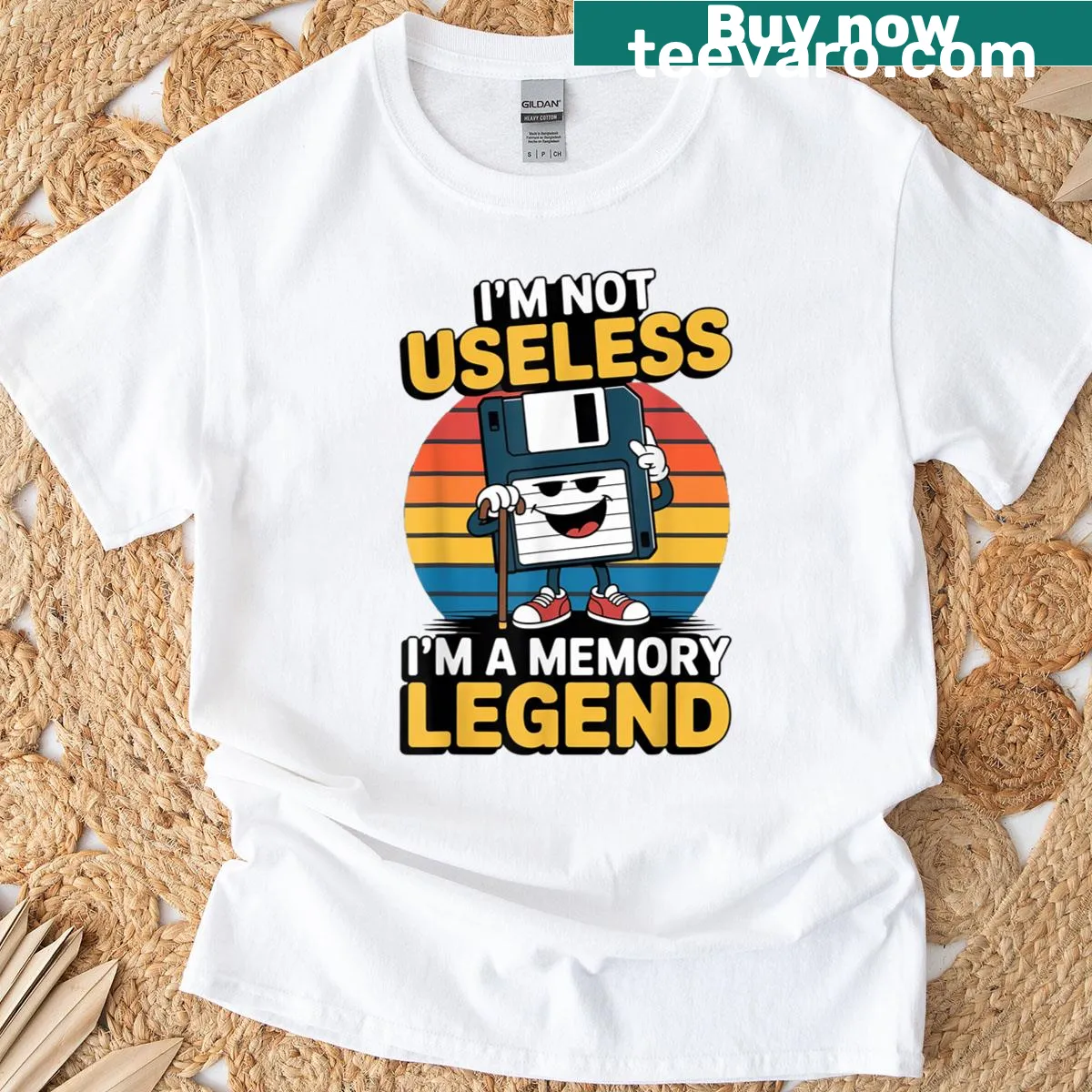 Retro floppy disk design with humorous text on a T-shirt. — on a men's t-shirt