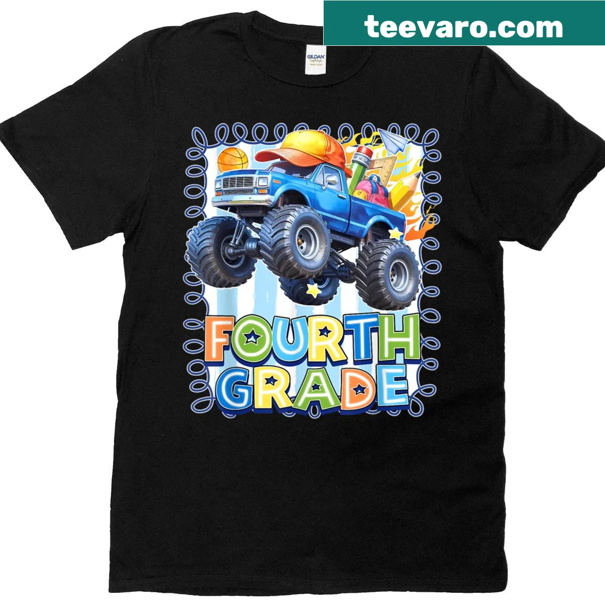 Kids t-shirt featuring a playful monster truck graphic for fourth graders — on a men's t-shirt