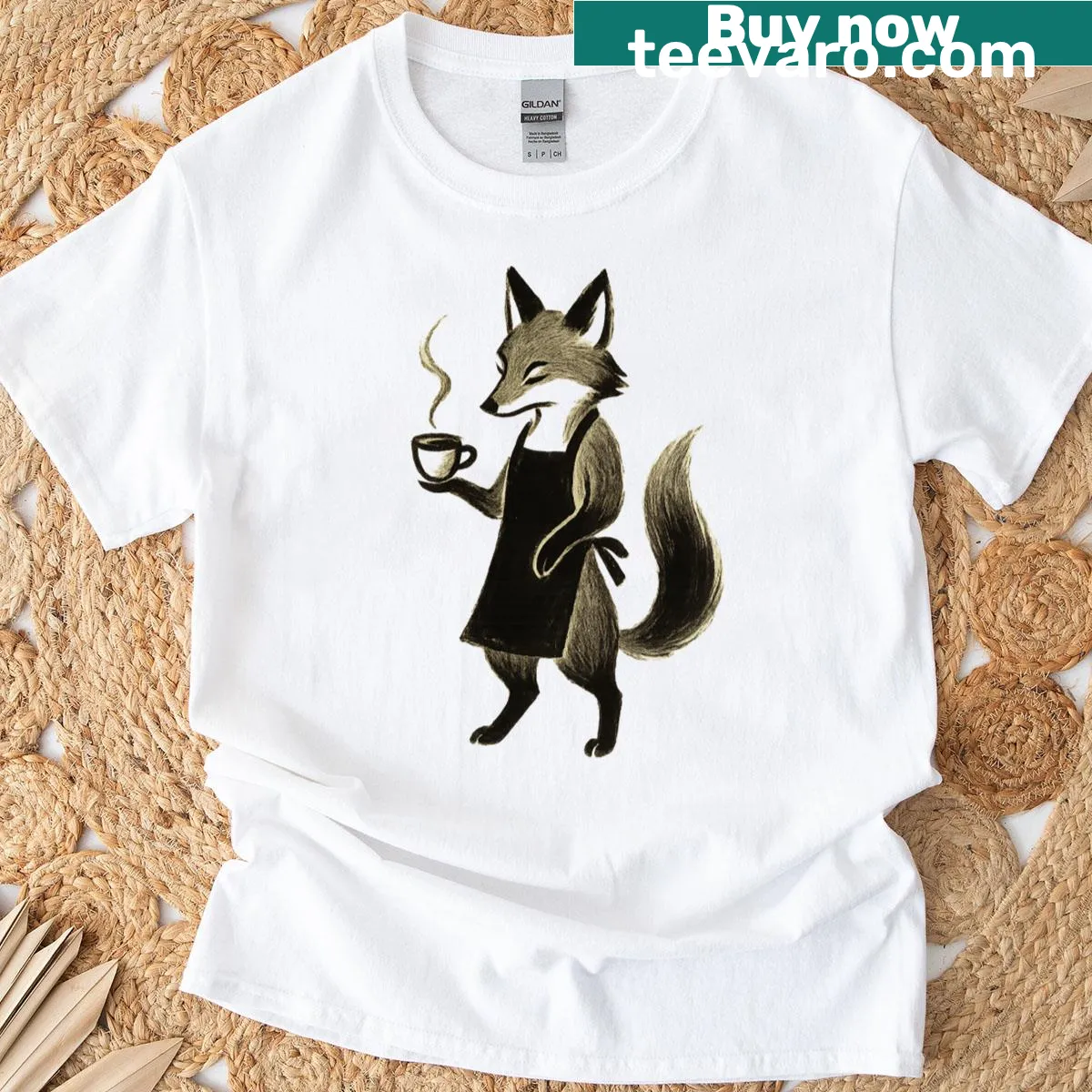 T-shirt featuring a minimalist brush ink drawing of a fox with coffee — on a men's t-shirt