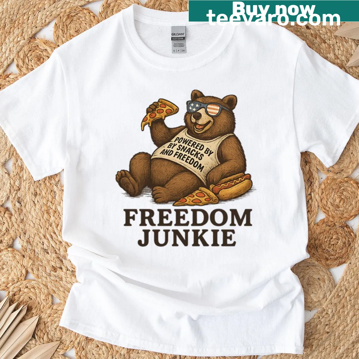 Funny bear graphic for Fourth of July T-shirt — on a men's t-shirt