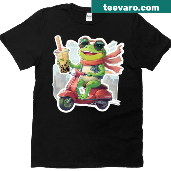Cartoon frog riding scooter with bubble tea on T-shirt