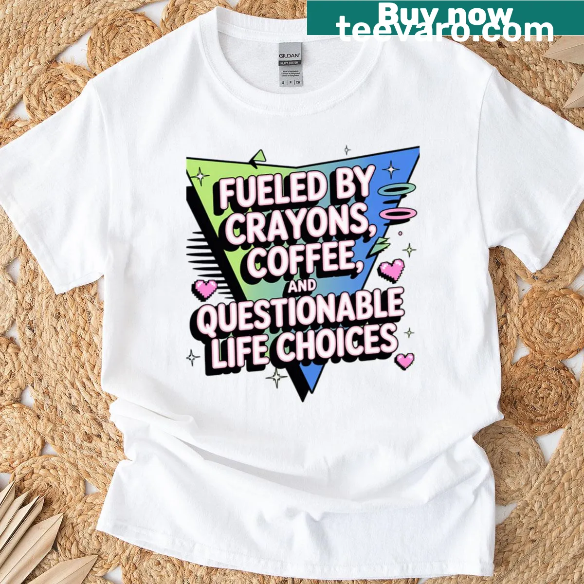 T-shirt featuring the text 'Fueled By Crayons' for creative minds — on a men's t-shirt