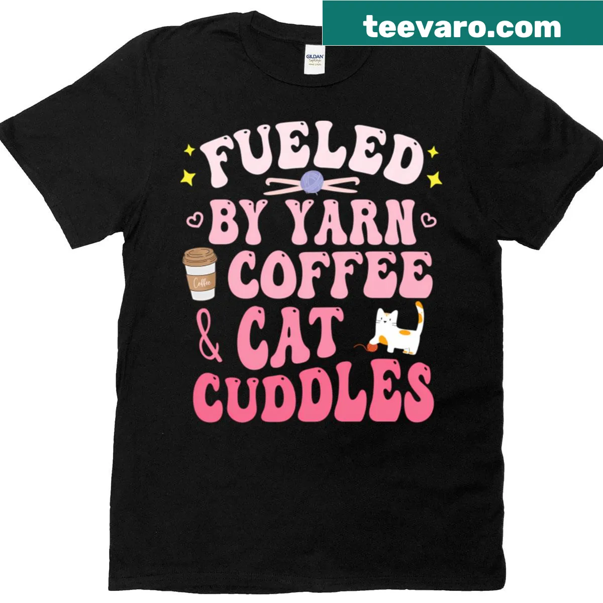 T-shirt for cat moms with yarn, coffee, and cat design — on a men's t-shirt