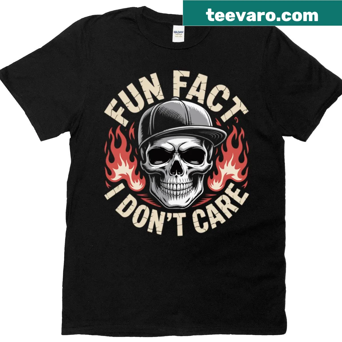 Text 'Fun Fact I Don't Care' with flames and skull design on a T-shirt — on a men's t-shirt