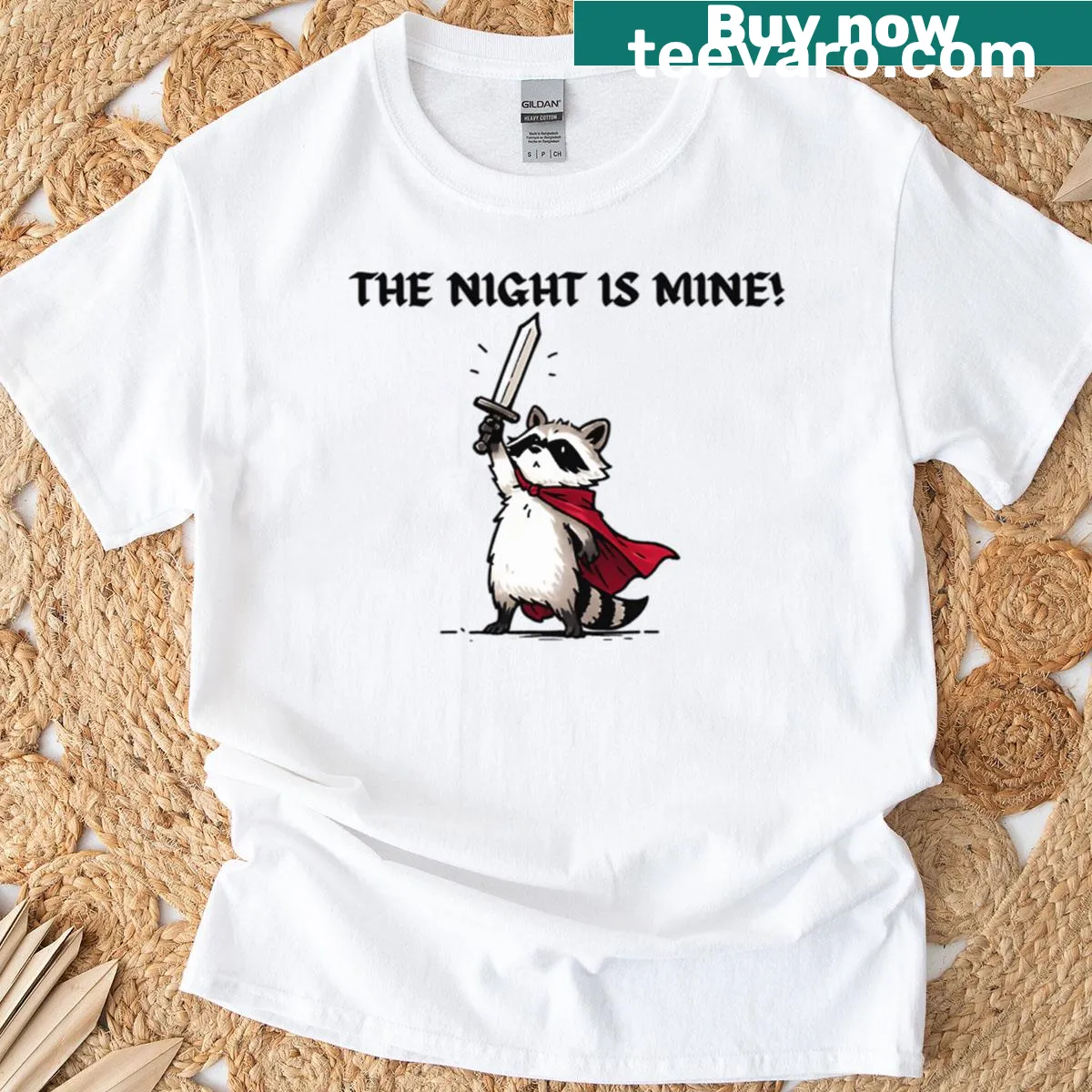 Graphic of a brave raccoon warrior ready for adventure — on a men's t-shirt