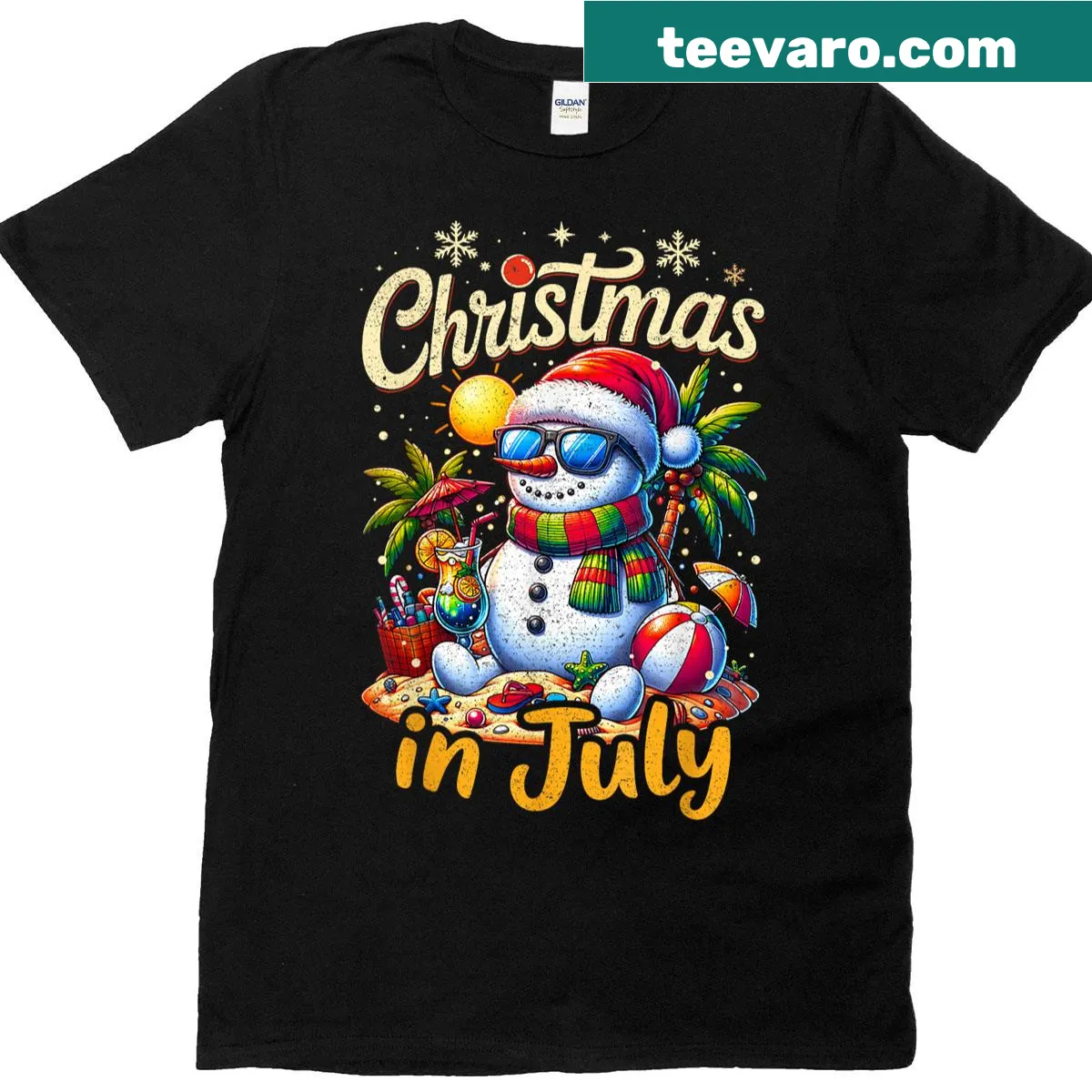 Santa on a beach design for Christmas in July kids t-shirt — on a men's t-shirt